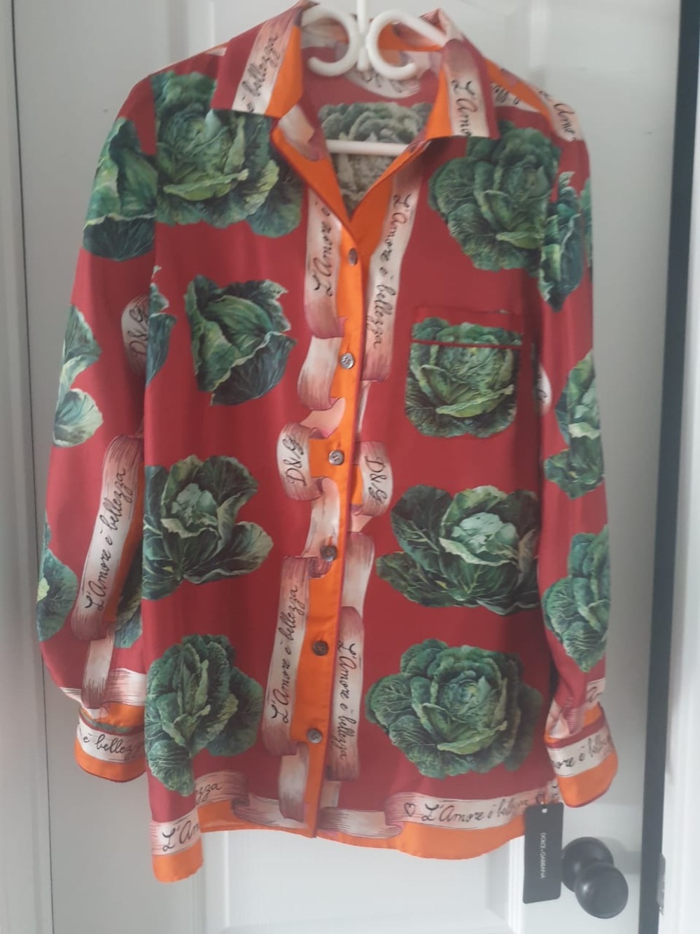 Dolce & Gabbana Red Blouse with Green Cabbage Print